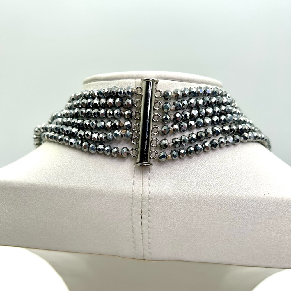 SOLD.  Elegant Six Layer, Black Pearl and Silver Crystal Necklace - Picture 3 of 3